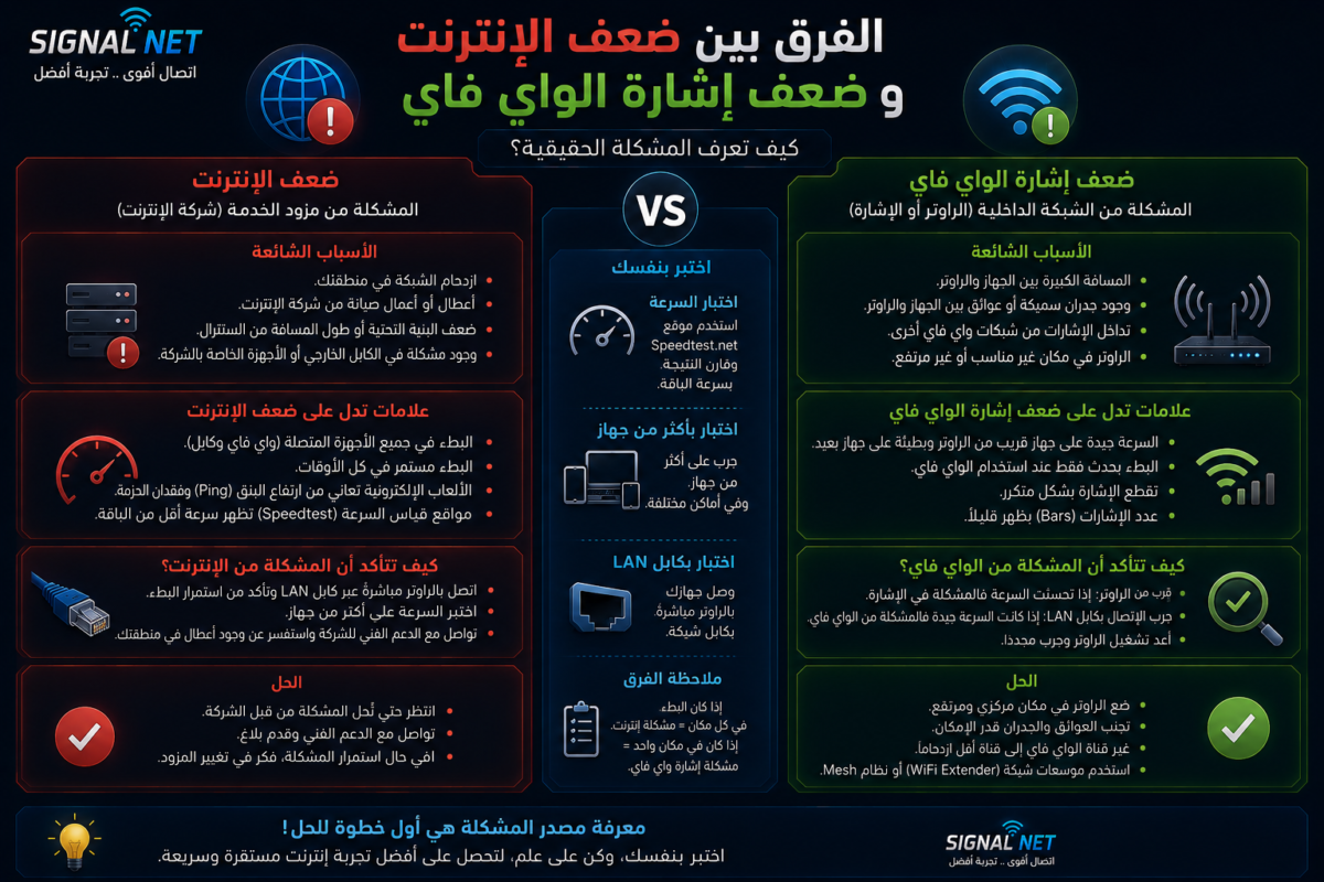 الفرق بين ضعف الإنترنت وضعف الواي فاي