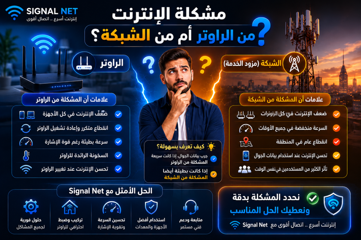 مشكلة الإنترنت من الراوتر أم الشبكة