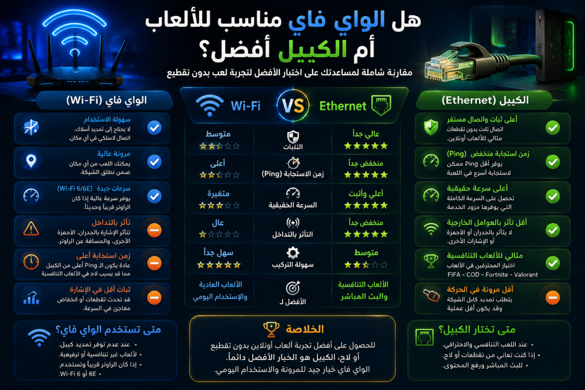 هل الواي فاي مناسب للألعاب أم الكيبل أفضل؟
