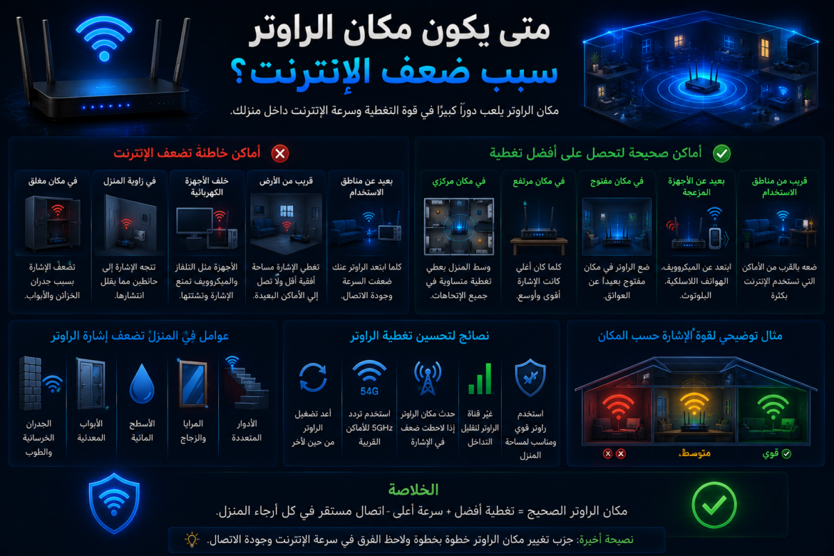 تعرف على تأثير مكان الراوتر على ضعف الإنترنت، وكيف تختبر التغطية ومتى تحتاج إلى تقوية أو موزعات أو فحص للشبكة.