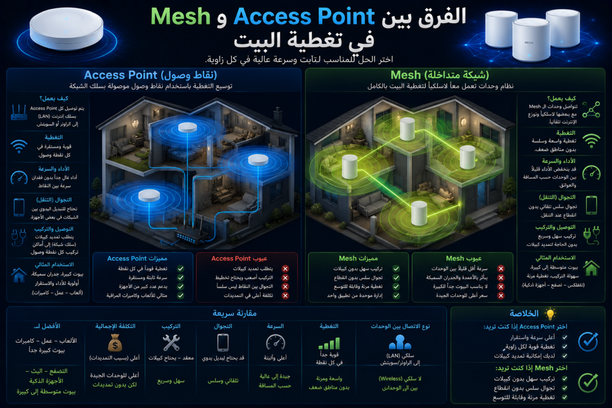 الفرق بين Access Point و Mesh في تغطية البيت