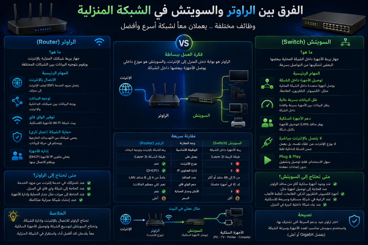 الفرق بين الراوتر والسويتش في الشبكة المنزلية