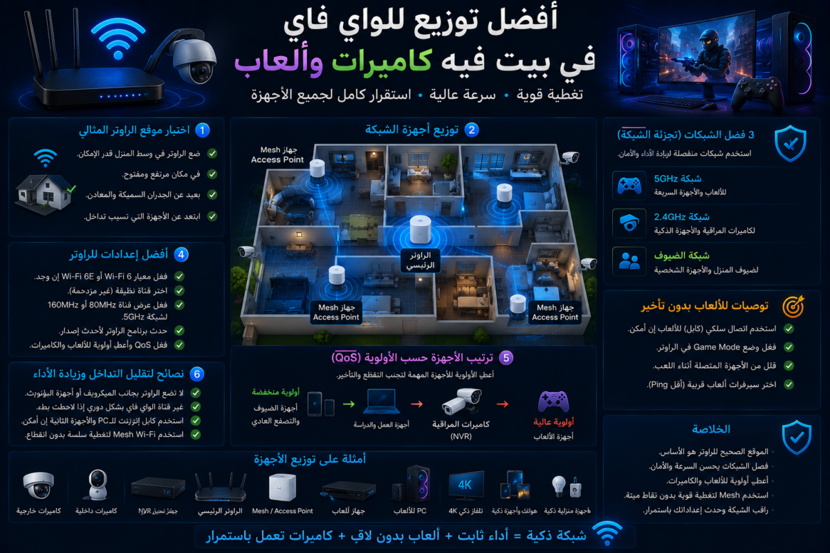 أفضل توزيع للواي فاي في بيت فيه كاميرات وألعاب
